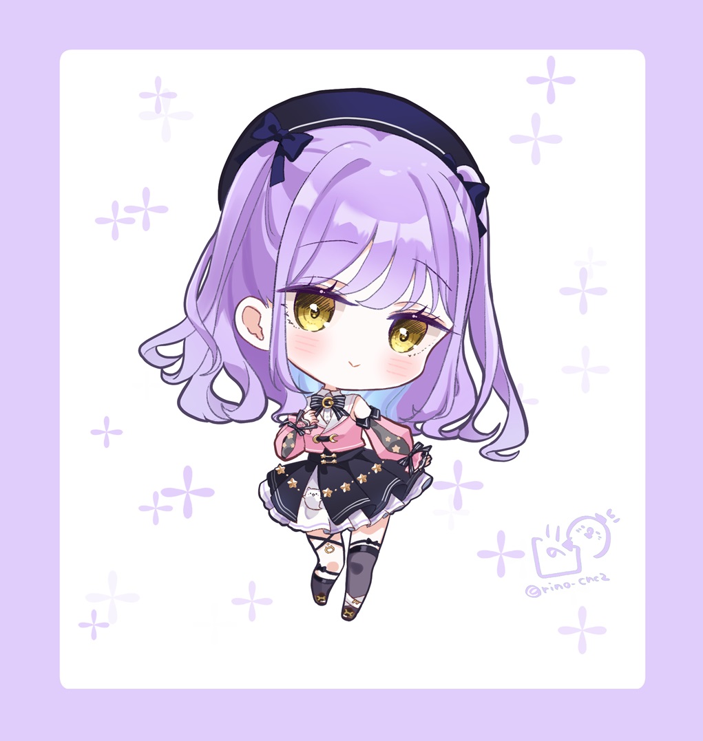 1girl beret black_boots black_bow black_hat black_skirt black_socks black_thighhighs blue_hair boots border bow brown_eyes chibi closed_mouth collared_shirt commentary_request dress_shirt full_body hair_bow hat jacket long_sleeves looking_at_viewer multicolored_hair pink_jacket pleated_skirt puffy_long_sleeves puffy_sleeves purple_border purple_hair rino_cnc shinomiya_runa shirt single_sock single_thighhigh skirt sleeves_past_wrists smile socks solo striped_bow thighhighs thighhighs_under_boots twitter_username two-tone_hair two_side_up virtual_youtuber vspo! white_background white_shirt