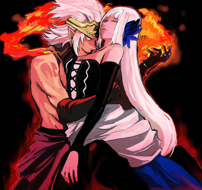 1boy 1girl artoria_pendragon_(fate) black_background crown dark_skin dress elbow_gloves fate/stay_night fate/zero fate_(series) fire gilgamesh_(fate) gloves gwendolyn_(odin_sphere) kawasumi_ayako long_hair odin_sphere onyx onyx_(odin_sphere) parody pointy_ears saber_(fate) seki_tomokazu simple_background sleeping smile strapless strapless_dress sudachips topless_male vanillaware voice_actor_connection white_hair
