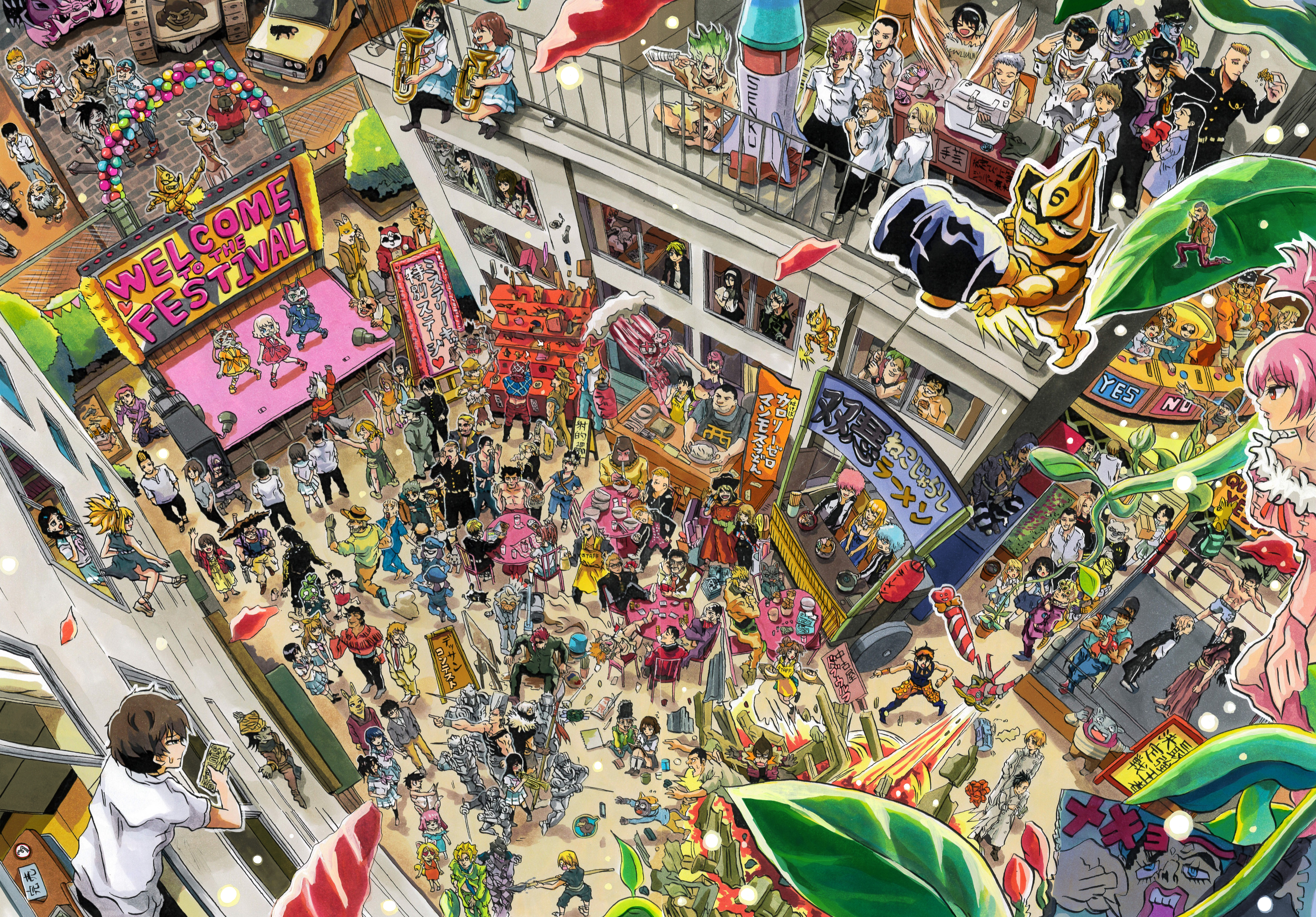 6+boys 6+girls absurdres ashita_no_joe beard bento black_hair blonde_hair blue_hair blue_necktie bow_(weapon) boxing_gloves brown_hair car cellphone character_request commentary_request daimon_kenshirou daimon_koushirou dog dr._stone easel eyepatch facial_hair food giorno_giovanna green_hair guido_mista gun hat heart heart-shaped_eyes hibike!_euphonium highres holding holding_instrument hyouka ichimura_shiho instrument ishigami_senkuu jojo_no_kimyou_na_bouken kohaku_(dr._stone) marker_(medium) motor_vehicle motorcycle multiple_boys multiple_girls necktie nikaidou_rui odd_taxi phone pink_hair red_hair sailor_collar school_uniform sewing_machine shirt skirt stand_(jojo) stardust_crusaders tokyo_revengers traditional_media translation_request tsuchiyamashige vento_aureo weapon white_hair white_shirt yano_(odd_taxi)