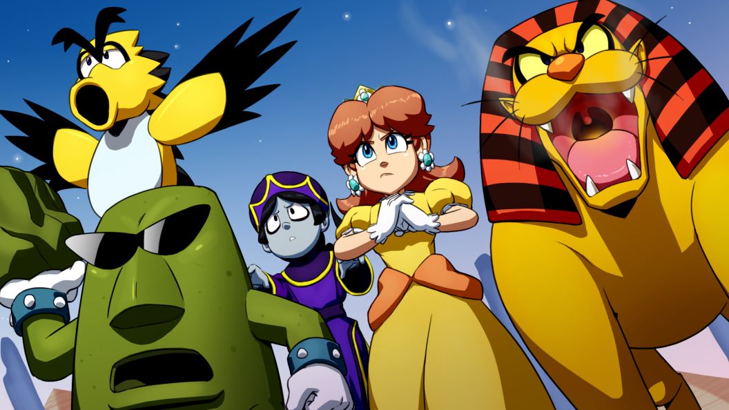 1girl 4others angry blue_eyes brown_hair chinese_clothes crown dragonzamasu dress earrings eyewear_on_head fangs flower_earrings frown gloves hand_up hat hiyoihoi jewelry king_totomesu kinngutotomesu mario_(series) monster multiple_others night night_sky nintendo open_mouth orange_dress pionpi princess_daisy puffy_short_sleeves puffy_sleeves rock short_sleeves sky standing stone sunglasses sunglasses_on_head super_mario_land zombie