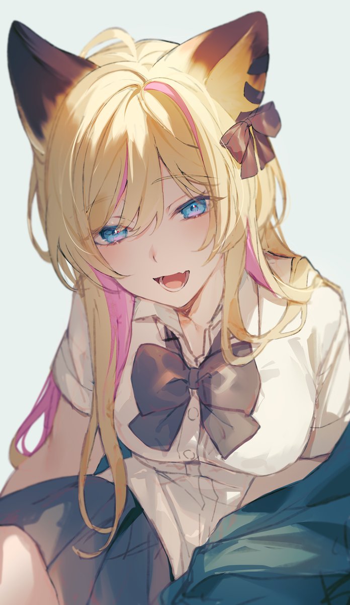 1girl achiki ahoge animal_ears black_bow black_bowtie black_skirt blonde_hair blue_eyes bow bowtie breasts collared_shirt colored_inner_hair commentary earrings fang fox_ears fox_girl gradient_eyes green_jacket hair_between_eyes hair_bow highres jacket jewelry large_breasts long_hair looking_at_viewer multicolored_eyes multicolored_hair off_shoulder open_collar original pink_eyes pink_hair shirt short_sleeves sidelocks simple_background skin_fang skirt solo symbol-only_commentary white_background white_shirt