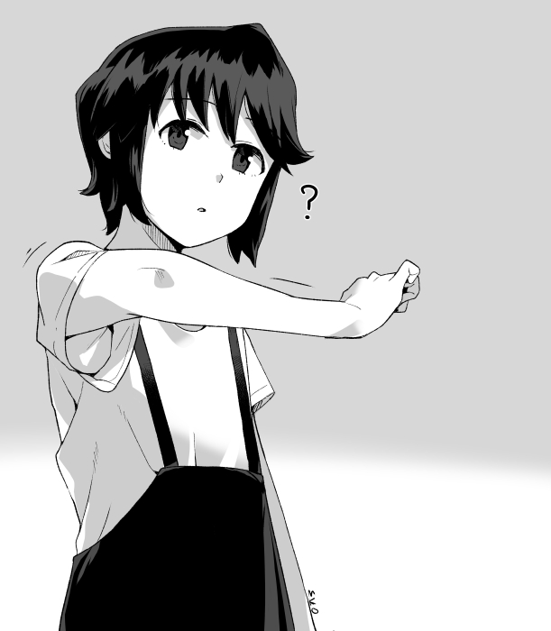 1girl ? commentary_request grey_hair kantai_collection looking_at_viewer makio_(makiomeigenbot) miyuki_(kancolle) monochrome official_alternate_costume overalls shirt short_hair solo strap upper_body wavy_hair