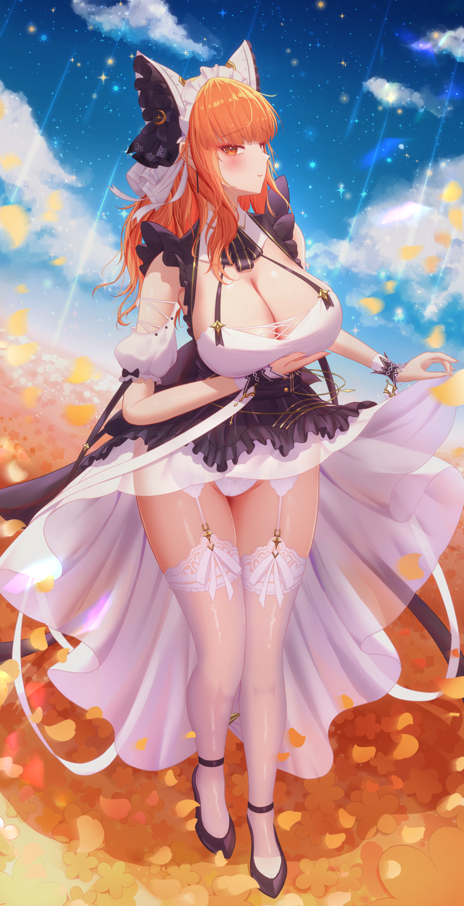 1girl alternate_costume animal_ears apron ascot autumn_leaves azur_lane black_shoes breasts cat_ears celica_(fire_emblem) cheshire_(azur_lane) cheshire_(azur_lane)_(cosplay) cleavage clothes_lift commission cosplay crossover detached_sleeves dress eeyoosekedooaat fake_animal_ears fire_emblem fire_emblem_echoes:_shadows_of_valentia full_body garter_belt garter_straps highres huge_breasts lace lace-trimmed_thighhighs lace_trim leaf lifting_own_clothes long_hair looking_at_viewer maid_headdress nintendo orange_eyes orange_hair outdoors panties puffy_detached_sleeves puffy_short_sleeves puffy_sleeves purple_apron purple_ascot shoes short_sleeves skeb_commission skirt skirt_lift solo thighhighs thighs underwear white_dress white_garter_belt white_garter_straps white_panties white_thighhighs