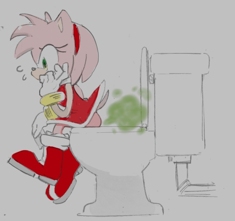 1girl amy_rose bracelet dirty dress fart female_focus flying_sweatdrops from_side furry furry_female gloves green_eyes hand_on_own_cheek hand_on_own_face hedgehog_girl jewelry pink_hair red_dress red_footwear sega short_hair short_tail sitting sketch smell snout solo sonic_(series) sooperman tail third-party_edit toilet toilet_use white_gloves