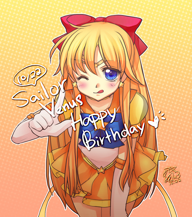 10s 1990s_(style) 1girl 2013 ;p aino_minako bishoujo_senshi_sailor_moon bishoujo_senshi_sailor_moon_stars blonde_hair blue_eyes bow brooch character_name choker cowboy_shot dated earrings elbow_gloves fch2009 female_focus gloves gradient_background hair_bow half_updo happy_birthday heart jewelry leaning_forward long_hair magical_girl one_eye_closed orange_background orange_skirt pointing red_bow retro_artstyle sailor_senshi sailor_venus skirt solo speech_bubble star_(symbol) star_brooch star_earrings super_sailor_venus_(stars) tiara tongue tongue_out white_gloves wink
