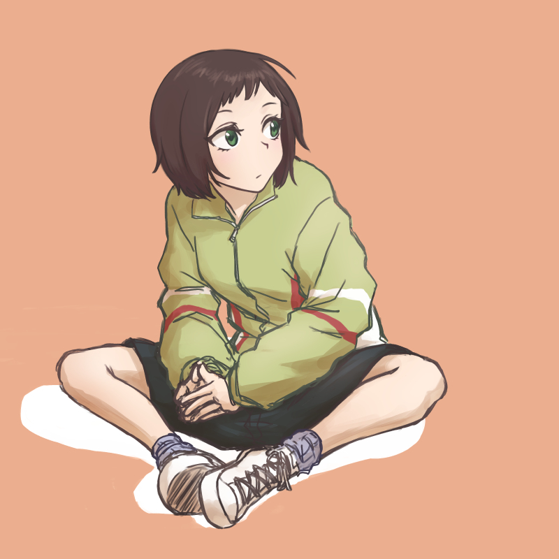 1girl black_shorts brown_hair commentary_request gari green_eyes jacket komano_hina long_sleeves looking_to_the_side okujou_no_yurirei-san own_hands_together shoes short_hair shorts sitting sneakers solo sportswear track_jacket white_shoes yellow_jacket