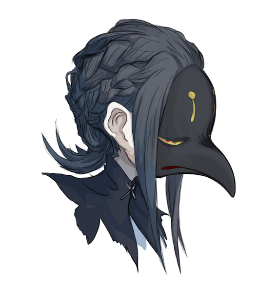 1girl 4138 bird_mask black_hair braid cropped_shoulders facial_mark flipped_hair forehead_mark french_braid from_side looking_ahead mask multiple_braids original ponytail profile simple_background solo white_background yellow_eyes