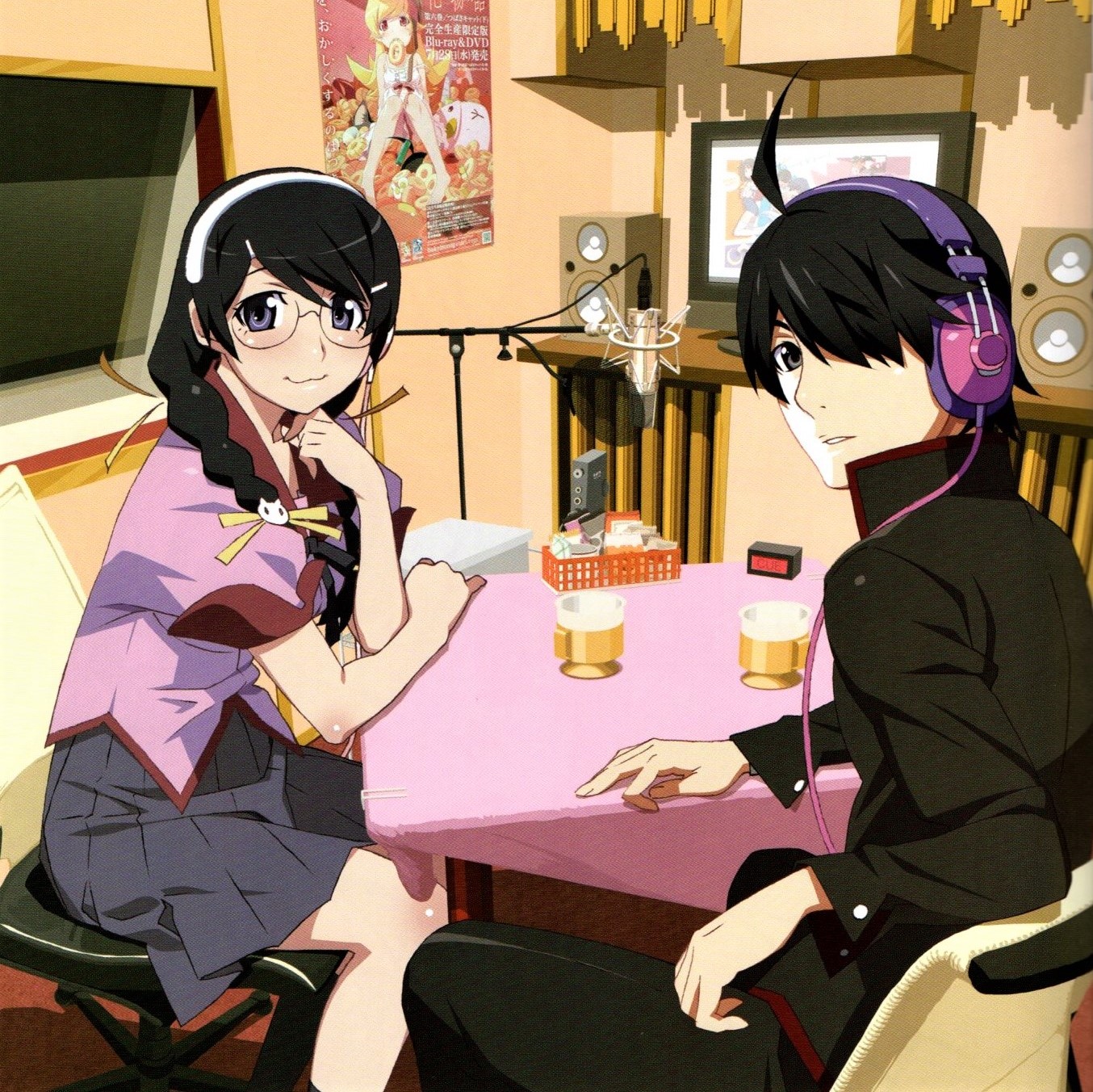 1boy 1girl :3 araragi_koyomi black_hair braid closed_mouth cup feet_out_of_frame glasses grey_eyes grey_skirt hair_over_one_eye hair_over_shoulder hair_ribbon hairband hand_up hanekawa_tsubasa headphones highres indoors knees_together_feet_apart knees_up long_hair long_sleeves looking_at_viewer microphone monogatari_(series) mug naoetsu_high_school_uniform non-web_source official_art on_chair one_eye_covered oshino_shinobu parted_lips pleated_skirt poster_(object) puffy_short_sleeves puffy_sleeves purple_eyes radio_booth ribbon round_eyewear school_uniform shadow short_sleeves sitting skirt speaker swept_bangs table television twin_braids watanabe_akio white_hairband