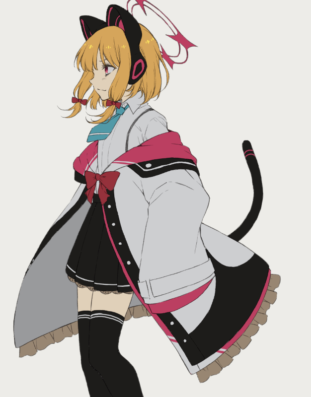 1girl animal_ear_headphones animal_ears blonde_hair blue_archive cat_ear_headphones expressionless fake_animal_ears grey_background halo haruhito_(divineshalt) headphones jacket looking_to_the_side momoi_(blue_archive) off_shoulder open_clothes open_jacket pink_eyes short_hair simple_background skirt solo thighhighs zettai_ryouiki