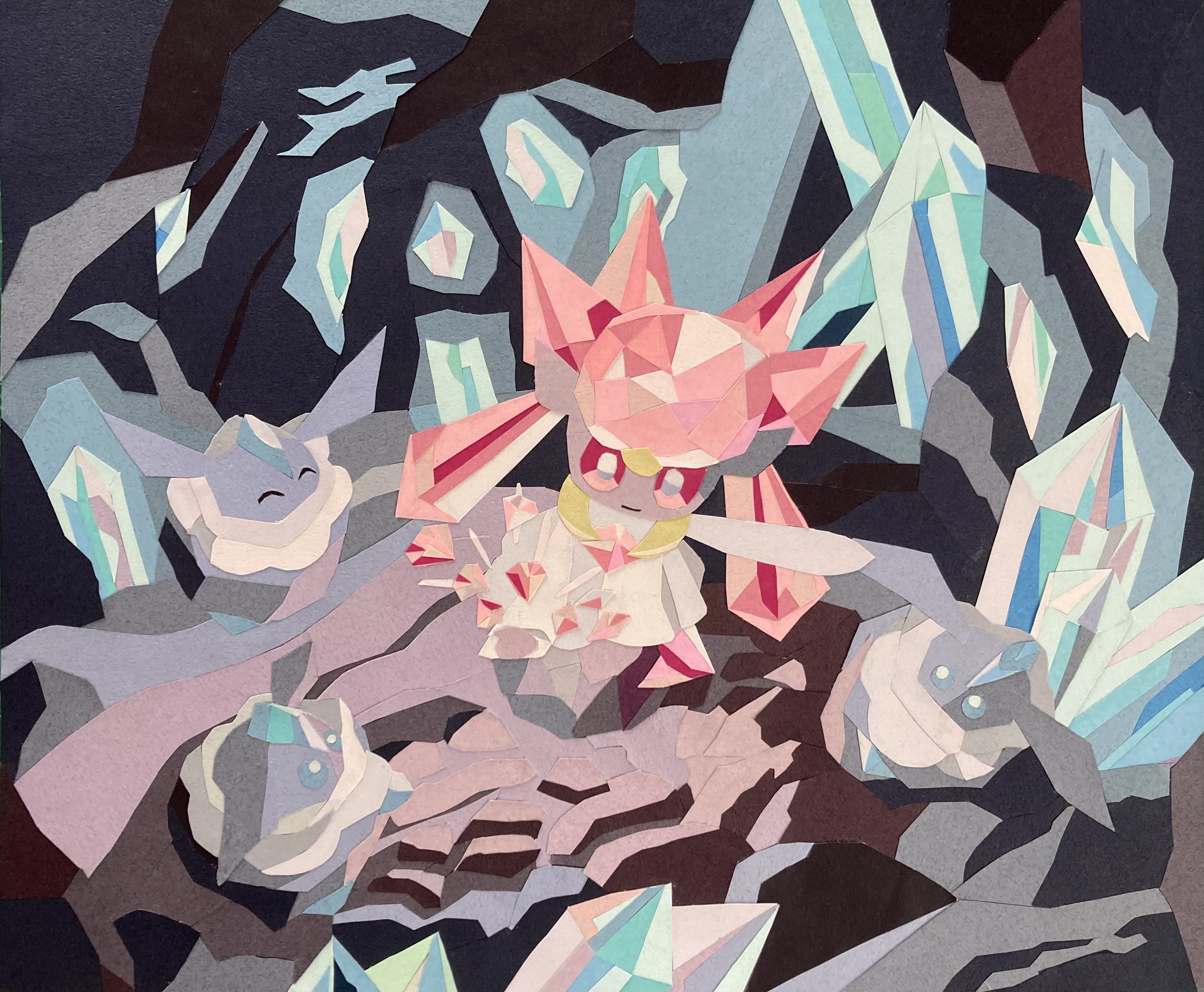 absurdres blue_eyes carbink cave_interior closed_eyes closed_mouth crystal diamond_(gemstone) diancie gem gen_6_pokemon happy highres legendary_pokemon mythical_pokemon nintendo no_humans outstretched_arm paper_cutout_(medium) papercraft_(medium) pink_gemstone pokemon pokemon_(creature) pokemon_focus red_eyes smile tori_chiritsu unconventional_media