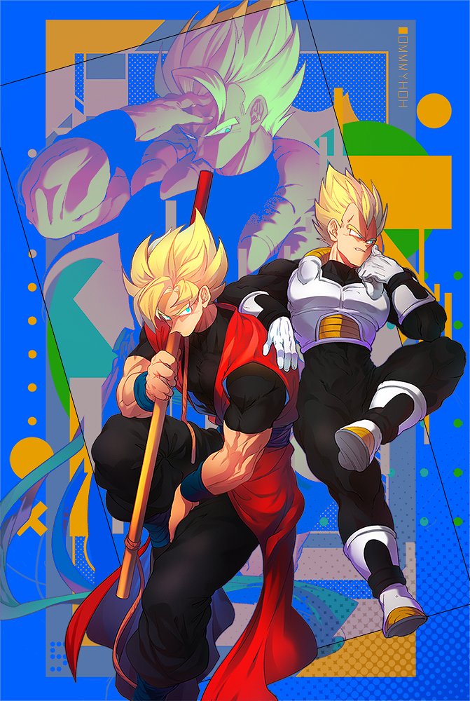 3boys blue_eyes blue_sash closed_mouth dougi dragon_ball dragon_ball_heroes gloves gogeta gogeta_(xeno) looking_at_viewer male_focus multiple_boys muscular muscular_male ommmyoh pants ruyi_jingu_bang saiyan sash son_goku son_goku_(xeno) spiked_hair super_saiyan super_saiyan_1 time_patrol_(dragon_ball) twitter_username vegeta vegeta_(xeno)