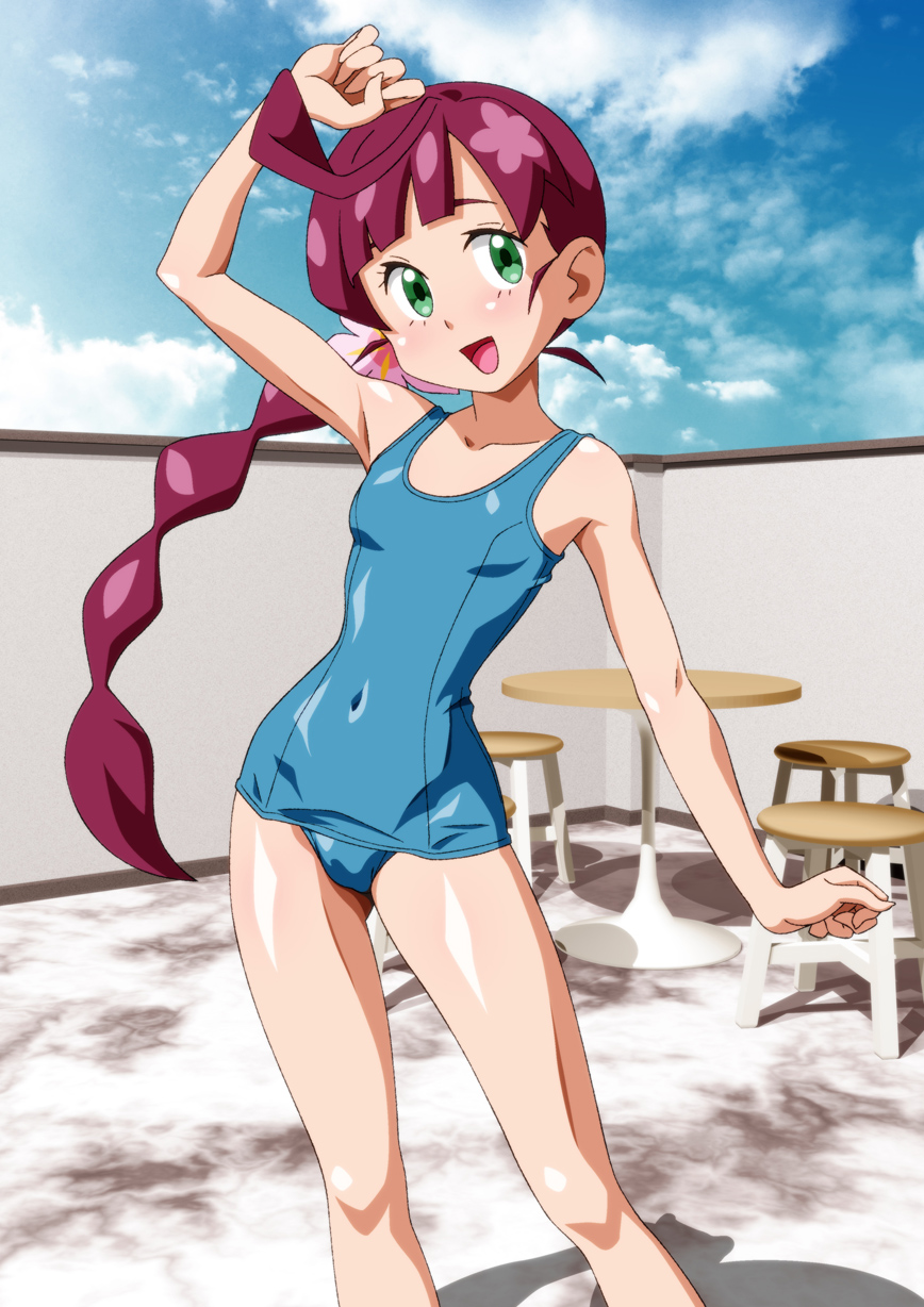 1girl :d arm_up blue_one-piece_swimsuit breasts carinae chloe_(pokemon) cloud commentary_request covered_navel day eyelashes flower green_eyes hair_flower hair_ornament happy highres knees long_hair nintendo one-piece_swimsuit open_mouth outdoors pink_flower pokemon pokemon_(anime) pokemon_journeys sky smile solo standing stool swimsuit table tongue