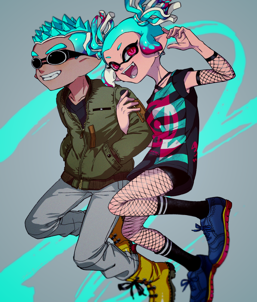 1boy 1girl aqua_hair arm_grab black_pantyhose black_shirt black_shorts blue_footwear boots commentary_request dark-skinned_male dark_skin double_egg-kun_(splatoon) earrings elbow_sleeve fang fangs fishnet_armwear fishnet_pantyhose fishnets green_jacket grey_pants grin hands_in_pockets hetero inkling inkling_boy inkling_girl inkling_player_character jacket jewelry jumping looking_at_viewer multicolored_hair nintendo open_mouth pants pantyhose pantyhose_under_shorts pointy_ears print_shirt purple_eyes red_hair red_sole-chan_(splatoon) shirt shoes short_hair short_shorts short_twintails shorts sleeveless sleeveless_shirt smile sneakers socks spiked_hair splatoon_(manga) splatoon_(series) sunglasses tentacle_hair twintails two-tone_hair very_short_hair yellow_boots yeneny