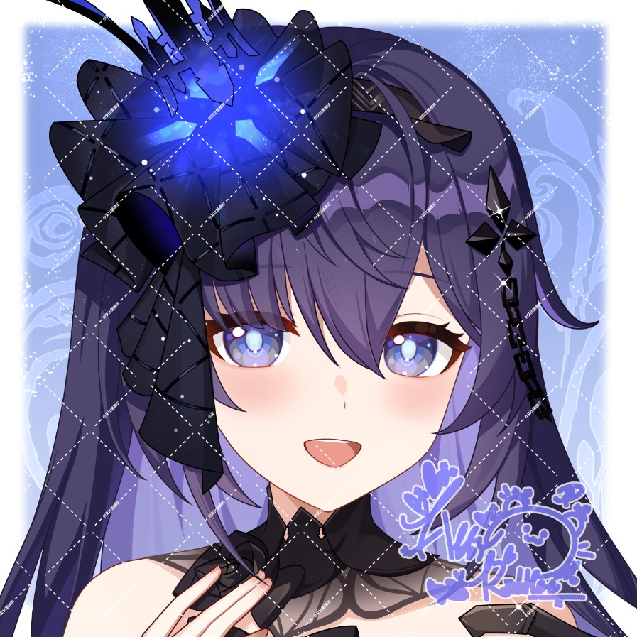 1girl abby_riddle black_collar black_hair blue_background blue_eyes blue_flower blush chinese_commentary collar colored_inner_hair commentary commission flower hair_between_eyes hair_flower hair_ornament honkai_(series) honkai_impact_3rd long_hair multicolored_hair open_mouth portrait purple_hair seele_vollerei seele_vollerei_(eternal_night&#039;s_embrace) seele_vollerei_(herrscher_of_rebirth) signature smile watermark watermark_grid