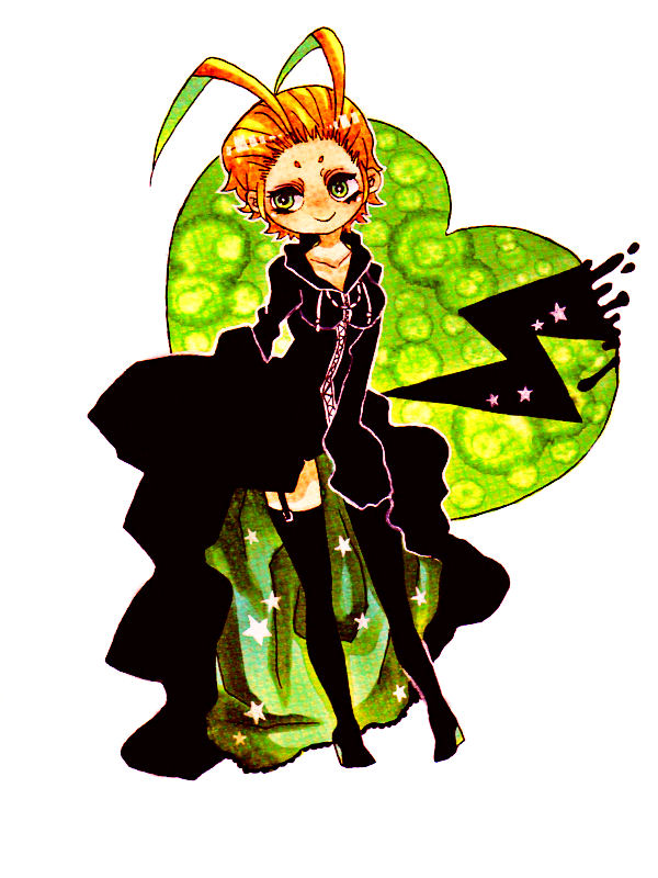 1girl antenna_hair b-number04 black_coat_(kingdom_hearts) blonde_hair boots cloak female_focus green_eyes kingdom_hearts larxene long_sleeves sleeves_past_wrists solo