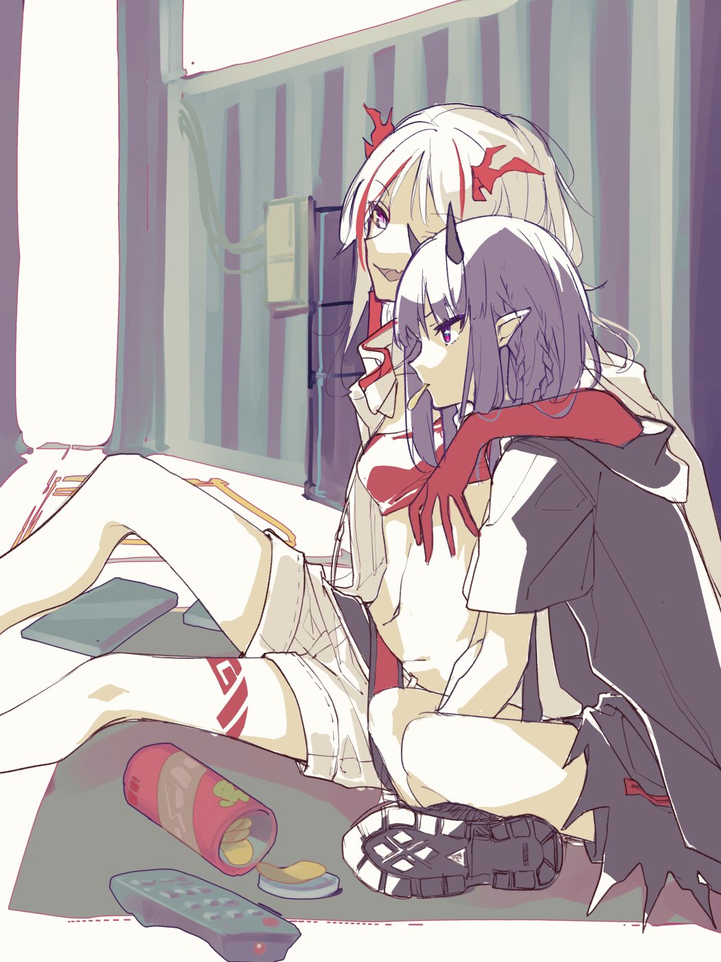 2girls arknights arm_around_neck bandeau black_footwear book boots controller eating fang food from_side gameyaruzaurus highres hood hood_down horns lava_(arknights) lava_the_purgatory_(arknights) mouth_hold multiple_girls navel nian_(arknights) official_alternate_costume on_floor open_mouth pointy_ears purple_eyes purple_hair red_bandeau red_eyes red_hair remote_control shorts sitting skin_fang white_hair white_shorts