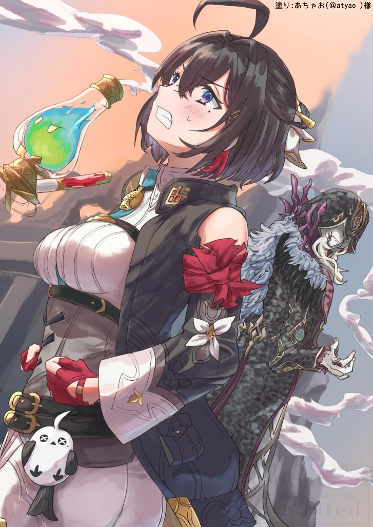 1boy 1girl 4low ahoge atelier_(series) atelier_yumia between_breasts black_hair black_jacket breasts character_request clenched_hand clenched_teeth detached_sleeves flammi_(atelier) gloves grey_corset hair_between_eyes jacket large_breasts mole mole_under_eye multicolored_hair open_clothes open_jacket outdoors partially_fingerless_gloves purple_eyes red_gloves red_hair smoke standing strap_between_breasts streaked_hair stuffed_animal stuffed_bird stuffed_toy sweat teeth two-tone_hair watermark yumia_liessfeldt