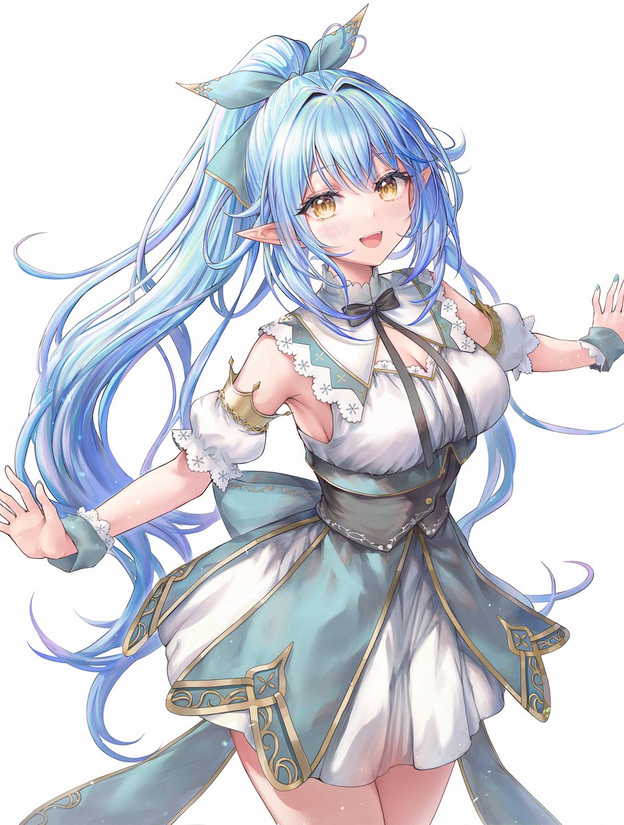 1girl ahoge armpits bare_shoulders blue_hair blush breasts cleavage cowboy_shot dress elf heart heart_ahoge high_ponytail highres hololive large_breasts long_hair mirukurim multicolored_hair pink_hair pointy_ears ponytail simple_background solo streaked_hair two-tone_hair virtual_youtuber white_background white_dress yellow_eyes yukihana_lamy yukihana_lamy_(5th_costume)