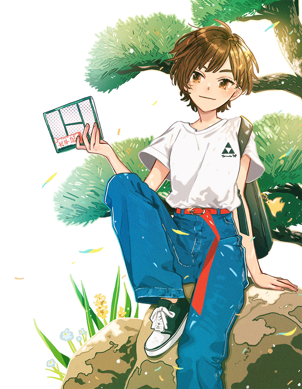 1other animal_charm backpack bag belt brown_eyes brown_hair charm_(object) denim flower gladolia_(flower) highres holding jeans juniper_tree keishin light_smile long_belt looking_at_viewer loose_clothes loose_shirt on_rock original pants plant red_belt rock shirt shoes short_hair sitting sneakers tree under_tree white_background
