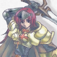 1girl 2000s_(style) arm_up armor black_eyes brown_cape cape closed_mouth commentary_request crusader_(ragnarok_online) expressionless feliciel gauntlets holding holding_sword holding_weapon long_hair looking_at_viewer lowres pauldrons purple_hair ragnarok_online shoulder_armor solo sword upper_body visor_(armor) weapon