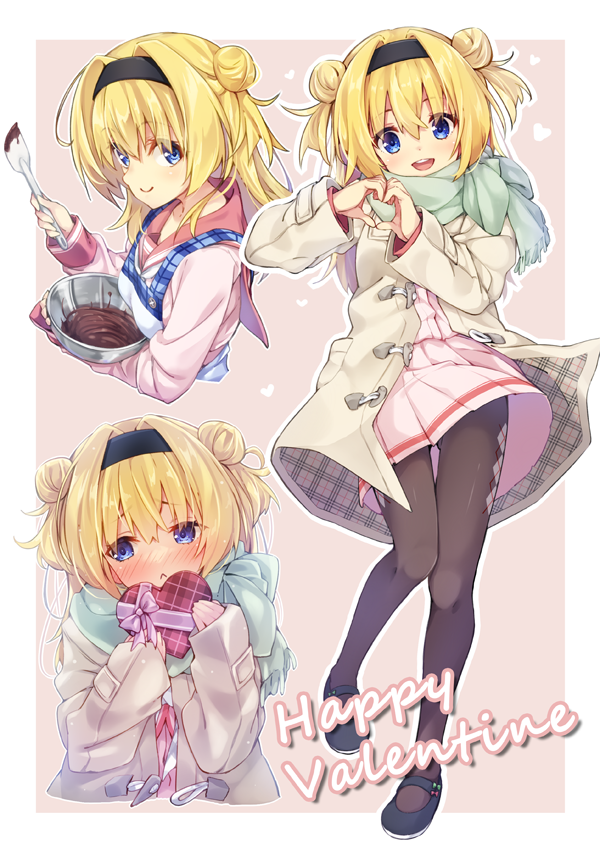1girl :&lt; :d akishisu_(air_balance) apron black_footwear black_hairband black_pantyhose blonde_hair blue_apron blue_eyes blush border box c: chitose_sana chocolate closed_mouth coat commentary_request cooking cropped_torso double_bun embarrassed full_body gift grey_coat hair_between_eyes hair_bun hair_intakes hairband hands_up happy happy_valentine heart heart-shaped_box heart_hands holding holding_gift light_brown_background long_hair long_sleeves looking_at_viewer looking_to_the_side mary_janes miniskirt multiple_views nose_blush open_mouth pantyhose pink_serafuku pink_skirt plaid_apron plaid_clothes pleated_skirt red_sailor_collar round_teeth sailor_collar school_uniform serafuku shoes simple_background skirt sleeves_past_wrists smile teeth tenshinranman thigh_gap two_side_up upper_body upper_teeth_only valentine white_border winter_clothes