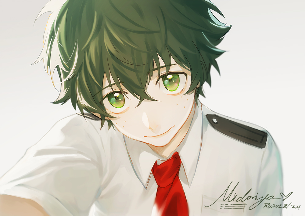 1boy boku_no_hero_academia character_name closed_mouth collared_shirt freckles green_eyes green_hair hair_between_eyes looking_at_viewer male_focus midoriya_izuku necktie red_necktie ru_(famia) school_uniform shirt short_hair simple_background smile solo upper_body white_background white_shirt