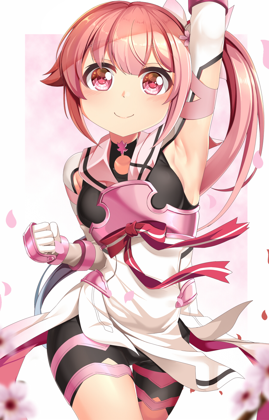 1girl arm_up border bow cherry_blossoms closed_mouth cosplay hair_between_eyes harusame_(kancolle) highres kantai_collection long_hair looking_at_viewer magical_girl petals pink_eyes pink_hair red_bow side_ponytail smile solo white_border yasume_yukito yuuki_yuuna yuuki_yuuna_(cosplay) yuuki_yuuna_wa_yuusha_de_aru yuusha_de_aru