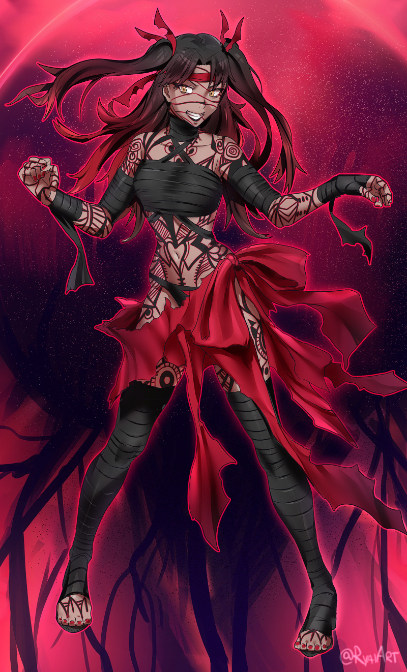 1girl alternate_costume angra_mainyu angra_mainyu_(fate) aura black_hair body_markings body_tattoo corrupted corruption dark_persona dark_skin evil_grin evil_smile fate_(series) grin heart highres nail_polish possessed possession smile tattoo tohsaka_rin twintails yellow_eyes