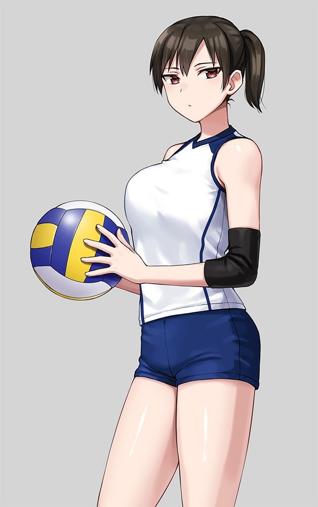 1girl ball bare_shoulders black_hair blue_shorts brown_eyes expressionless grey_background hashi holding holding_ball looking_at_viewer original ponytail shirt short_ponytail short_shorts shorts simple_background sleeveless sleeveless_shirt solo sportswear standing volleyball_(object) volleyball_uniform white_shirt