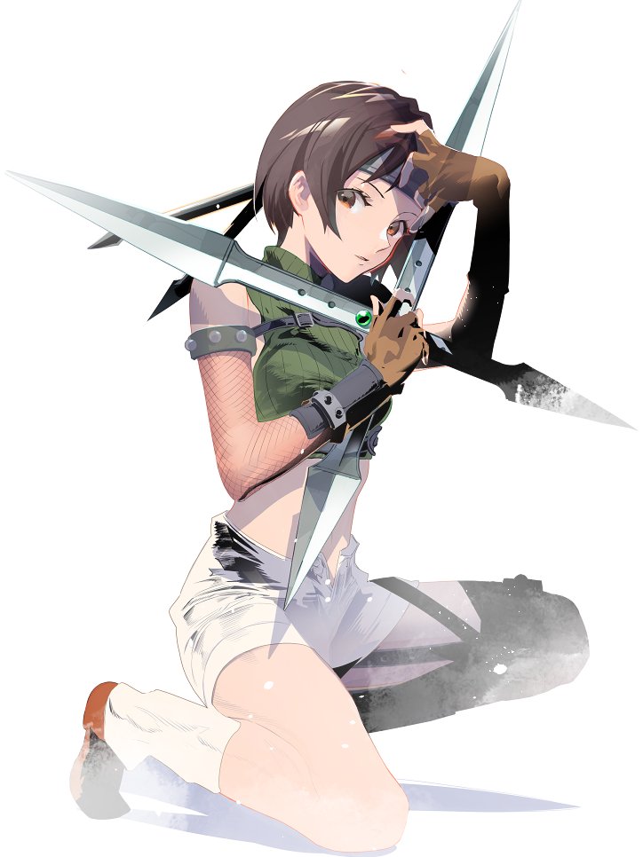 1girl asymmetrical_legwear beige_shorts brown_eyes brown_hair chest_strap cofffee final_fantasy final_fantasy_vii final_fantasy_vii_remake fingerless_gloves fishnets full_body gloves green_shirt hand_on_own_face headband holding holding_weapon leg_warmers midriff navel parted_lips shirt short_hair shorts shuriken sleeveless sleeveless_turtleneck solo square_enix turtleneck open_fly weapon white_background yuffie_kisaragi