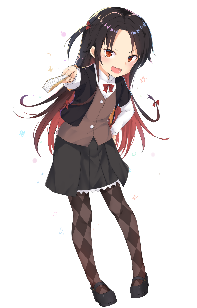 10s 1girl 53c_(ray_cordova) :d argyle_clothes argyle_pantyhose black_hair black_jacket black_shoes black_skirt bow brown_eyes brown_hair brown_pantyhose brown_vest fang female_focus folded_fan folding_fan full_body gradient_hair hair_bow hair_ribbon hand_fan highres holding holding_fan jacket layered_sleeves long_hair long_sleeves looking_at_viewer mary_janes multicolored_hair open_mouth pantyhose parted_bangs pleated_skirt red_bow red_ribbon ribbon ryuuou_no_oshigoto! shirt shoes short_over_long_sleeves short_sleeves skirt smile solo standing very_long_hair vest white_background white_shirt yashajin_ai