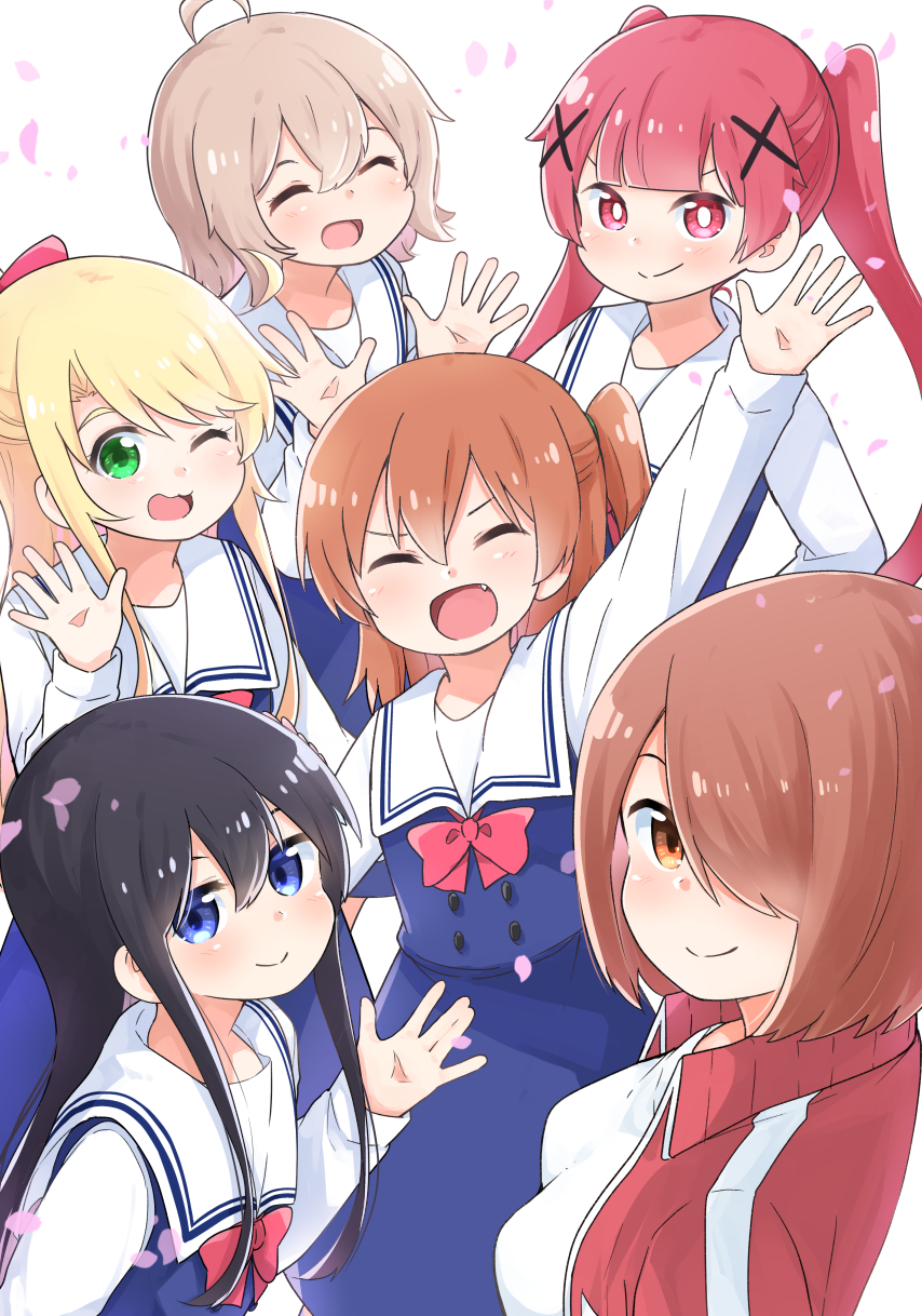 6+girls :3 ahoge arm_up black_hair blonde_hair blue_dress blue_eyes bow bowtie breasts brown_eyes brown_hair closed_eyes closed_mouth commentary_request dress fang green_eyes hair_between_eyes hair_ornament hair_over_one_eye hand_up hands_up highres himesaka_noa hoshino_hinata hoshino_miyako_(wataten) jacket konomori_kanon long_hair long_sleeves looking_at_viewer mukunoki_nanatsu multiple_girls one_eye_closed one_side_up open_mouth petals red_bow red_bowtie red_eyes red_hair red_jacket red_track_suit sailor_collar sailor_dress school_uniform shirosaki_hana shirt short_hair smile tanemura_koyori thick_eyebrows track_jacket track_suit twintails watashi_ni_tenshi_ga_maiorita! waving white_background white_sailor_collar white_shirt x_hair_ornament