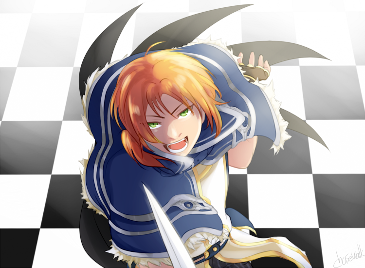 1boy alternate_color black_cape blue_capelet brown_gloves cape capelet chasewalk checkered_floor commentary english_commentary ensemble_stars! fingerless_gloves fur-trimmed_capelet fur_trim gloves green_eyes high_wizard_(ragnarok_online) leaning_forward looking_at_viewer male_focus open_mouth orange_hair ragnarok_online shirt short_hair solo teeth tsukinaga_leo upper_body v-shaped_eyebrows white_shirt