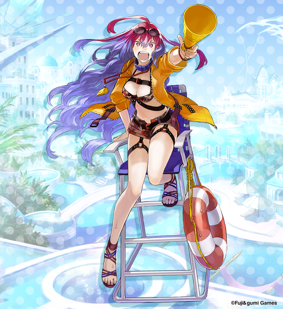 1girl ahoge arm_support belted_shorts bikini breasts camouflage camouflage_bikini cleavage commentary copyright_notice eyewear_on_head full_body gradient_hair hair_between_eyes holding holding_megaphone jacket long_hair looking_at_viewer megaphone multicolored_hair official_alternate_costume official_art open_mouth outstretched_arm phantom_of_the_kill pinaka purple_hair red_eyes red_hair sandals second-party_source solo sunglasses swim_ring swimsuit two-tone_innertube very_long_hair watarubou yellow_jacket