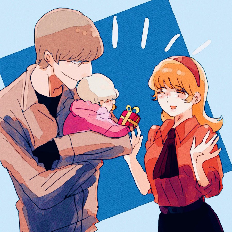 1girl 2boys albert_heinrich blonde_hair blush closed_eyes coat cyborg cyborg_009 francoise_arnoul gift gloves grey_hair hairband ivan_whisky long_hair multiple_boys sariokisu short_hair simple_background upper_body