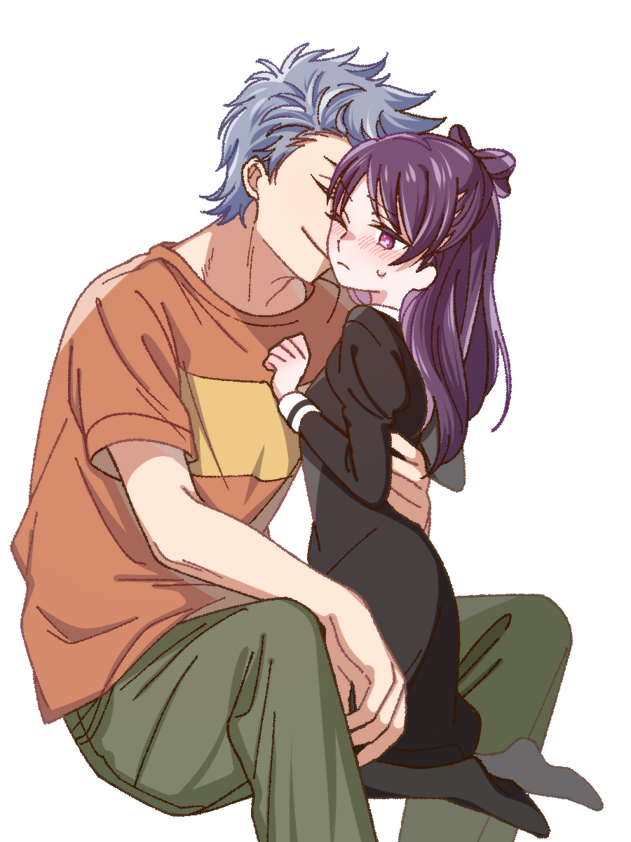 1boy 1girl black_dress black_pantyhose bow closed_eyes dress grey_hair hair_bow hetero highres invisible_chair long_sleeves miyao_nemu one_eye_closed orange_shirt pantyhose purple_eyes purple_hair shirt short_sleeves simple_background sitting smile t-shirt white_background witch_watch wolf_(witch_watch) yoshitaka_(palooo)
