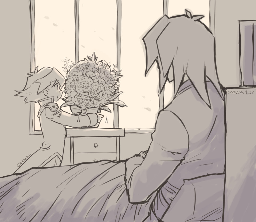2boys bed blanket brothers dated desk flower flower_pot glasses holding holding_flower_pot jacket long_sleeves male_focus marufuji_ryo marufuji_sho moiko monochrome multiple_boys open_mouth short_hair siblings twitter_username window yu-gi-oh! yu-gi-oh!_gx