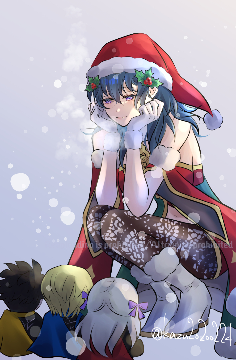 1girl bare_shoulders black_hair blue_eyes character_doll claude_von_riegan dimitri_alexandre_blaiddyd doll edelgard_von_hresvelg female_byleth_(fire_emblem) female_byleth_(frosty_professor)_(fire_emblem) fire_emblem fire_emblem:_three_houses gloves hat head_on_hands high_heels highres kazu20200224 medium_hair mistletoe_hair_ornament nintendo official_alternate_costume pantyhose santa_hat smile squatting white_footwear white_gloves