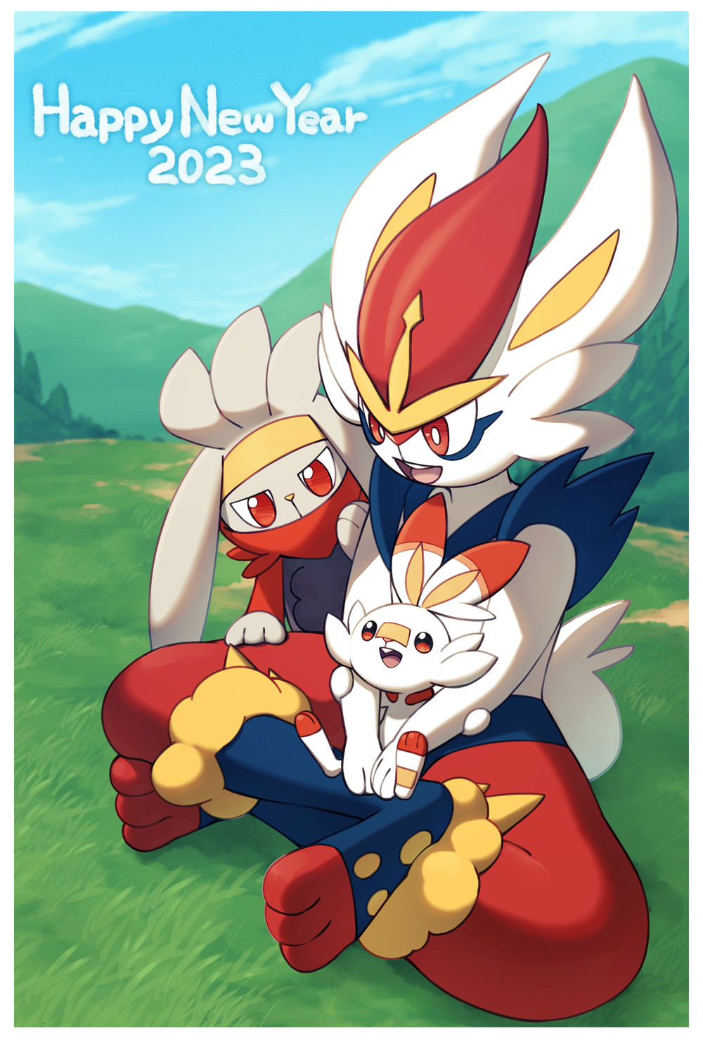 2023 :d border bright_pupils cinderace cloud commentary creatures_(company) day evolutionary_line game_freak gen_8_pokemon grass happy_new_year highres naoki_eguchi new_year nintendo open_mouth outdoors pokemon pokemon_(creature) raboot red_eyes scorbunny sitting sky smile white_border white_pupils