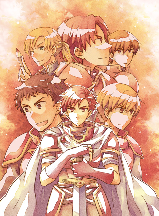6+boys ;) alen_(fire_emblem) armor blonde_hair brown_eyes brown_hair cain_(fire_emblem:_shadow_dragon) cape fiery_background fingerless_gloves fire fire_emblem fire_emblem:_genealogy_of_the_holy_war fire_emblem:_mystery_of_the_emblem fire_emblem:_path_of_radiance fire_emblem:_shadow_dragon_and_the_blade_of_light fire_emblem:_the_binding_blade fire_emblem:_the_blazing_blade fire_emblem:_the_sacred_stones forde_(fire_emblem) gloves kent_(fire_emblem) kieran_(fire_emblem) knight looking_away male_focus multiple_boys naoise_(fire_emblem) nintendo one_eye_closed open_mouth orange_eyes orange_hair red_eyes red_gloves red_hair serina_ranshi serious smile sword trait_connection weapon