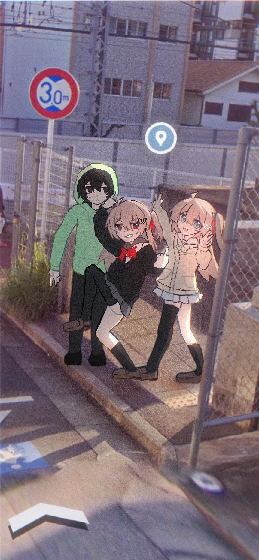 1boy 2girls :d ahoge asymmetrical_legwear black_cardigan black_eyes black_hair black_socks black_thighhighs blue_eyes brown_footwear cardigan chain-link_fence double_middle_finger double_w evil_neuro-sama fence google_maps google_street_view green_hoodie green_jacket grey_skirt grin high_school_girls_posing_for_google_street_view_(meme) highres hood hood_up hoodie indie_virtual_youtuber jacket light_brown_hair long_sleeves looking_at_viewer meme middle_finger multiple_girls neuro-sama one_side_up open_mouth outdoors photo_background pinkpink939 raised_curb red_eyes road_sign school_uniform sidewalk sign skirt smile socks standing standing_on_one_leg tactile_paving thighhighs uneven_legwear v vedal987 virtual_youtuber w