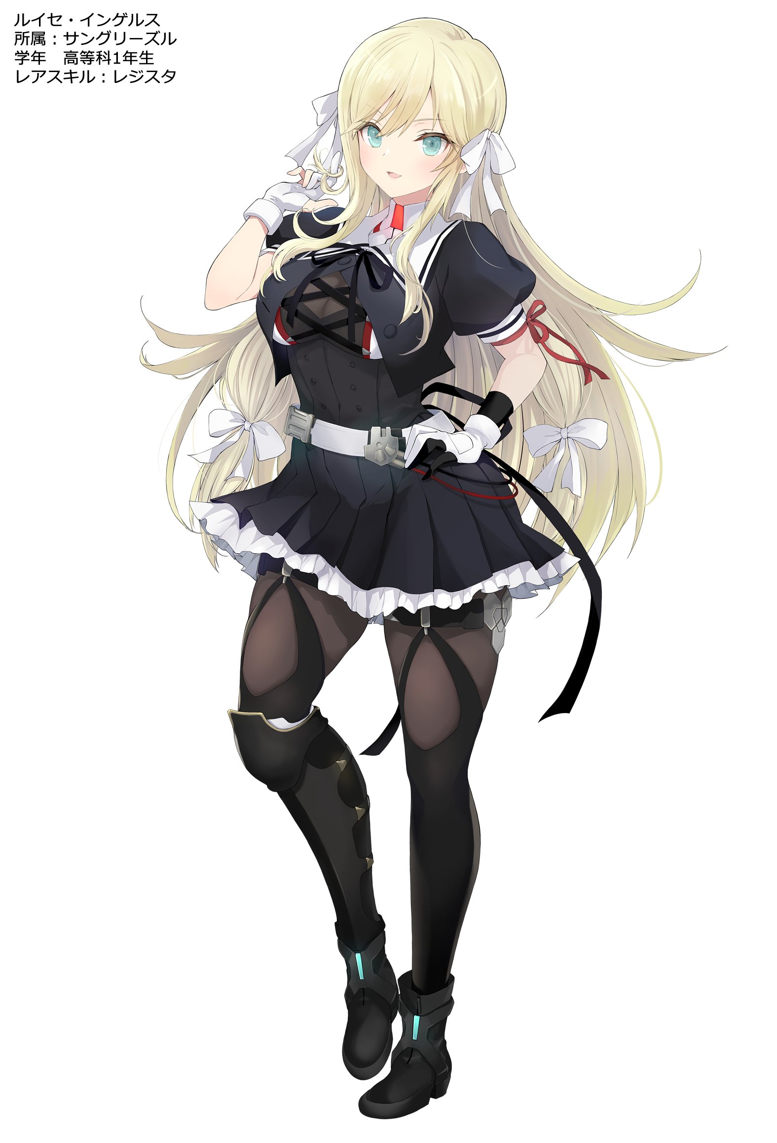 1girl ankle_boots aqua_eyes arm_ribbon armor assault_lily asymmetrical_gloves belt black_boots black_gloves black_ribbon black_shirt black_skirt blonde_hair boots bow breasts brown_pantyhose buckle buttons character_profile commentary_request cropped_jacket cross-laced_clothes frilled_skirt frills full_body gloves greaves hair_bow hand_on_own_hip hand_up heel_up highres hotaru_(ultraroly_poly) light_blush long_hair looking_at_viewer luise_ingels medium_breasts miniskirt mismatched_gloves neck_ribbon official_art pantyhose parted_lips partially_fingerless_gloves puffy_short_sleeves puffy_sleeves red_ribbon ribbon school_uniform shirt short_sleeves sidelocks simple_background single_greave skirt smile snap-fit_buckle solo standing thigh_strap translation_request twirling_hair two-tone_gloves v-shaped_eyebrows very_long_hair white_background white_belt white_bow white_gloves yurigaoka_girls_academy_school_uniform