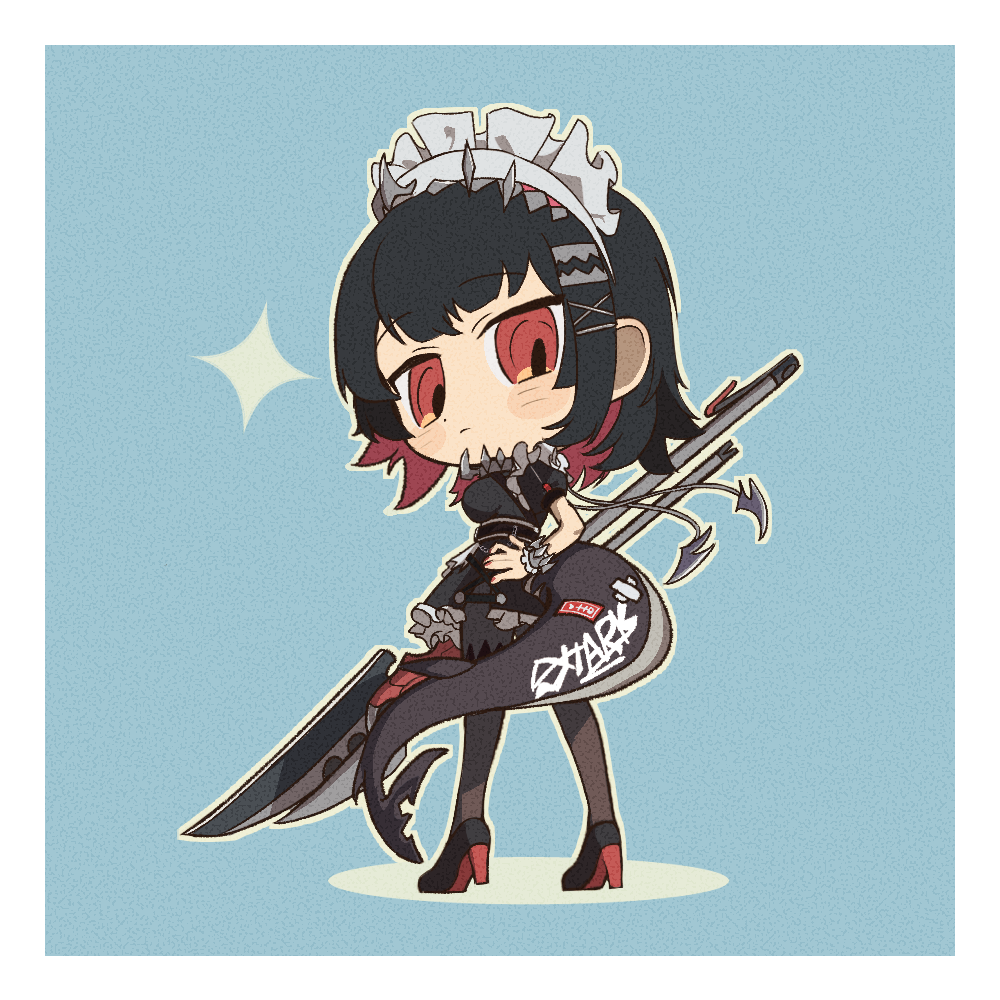 1girl black_dress black_footwear black_hair black_pantyhose blue_background chibi colored_inner_hair dress ellen_joe fins fish_tail frilled_dress frilled_wristband frills from_side full_body hairband hand_on_own_hip high_heels holding holding_polearm holding_weapon legs_apart looking_at_viewer maid maid_headdress metal_hairband multicolored_hair pantyhose polearm puffy_short_sleeves puffy_sleeves red_eyes red_hair shark_girl shark_tail short_dress short_sleeves solo sparkle spiked_headband standing tail thiepriest weapon zenless_zone_zero