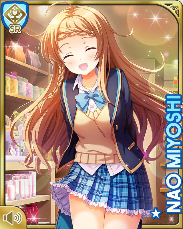 1girl blazer blue_bow blue_jacket blue_skirt bow bowtie braid brown_eyes brown_hair card character_name closed_eyes day girlfriend_(kari) hands_behind indoors jacket long_hair looking_at_viewer miyoshi_nao official_art open_mouth plaid_clothes plaid_skirt qp:flapper school_uniform shirt skirt smile solo tagme white_shirt