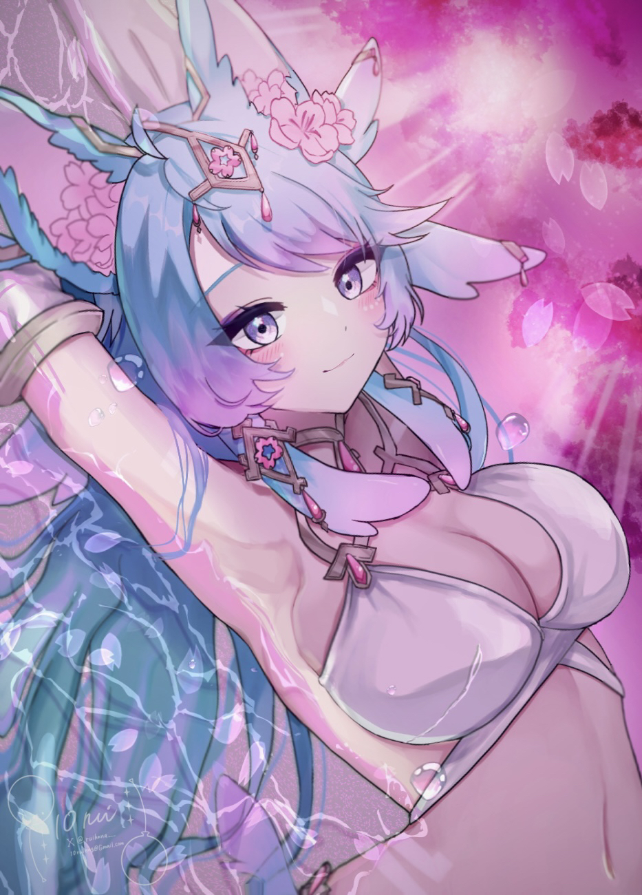 10rui 1girl animal_ears armpits artist_name bikini blue_hair blush breasts bubble cleavage closed_mouth colored_tips flower grey_eyes hair_flower hair_ornament highres indie_virtual_youtuber linea_alba long_hair multicolored_hair navel pink_flower purple_hair silvervale solo star_(symbol) star_in_eye swimsuit symbol_in_eye twitter_username virtual_youtuber water white_bikini wolf_ears wolf_girl