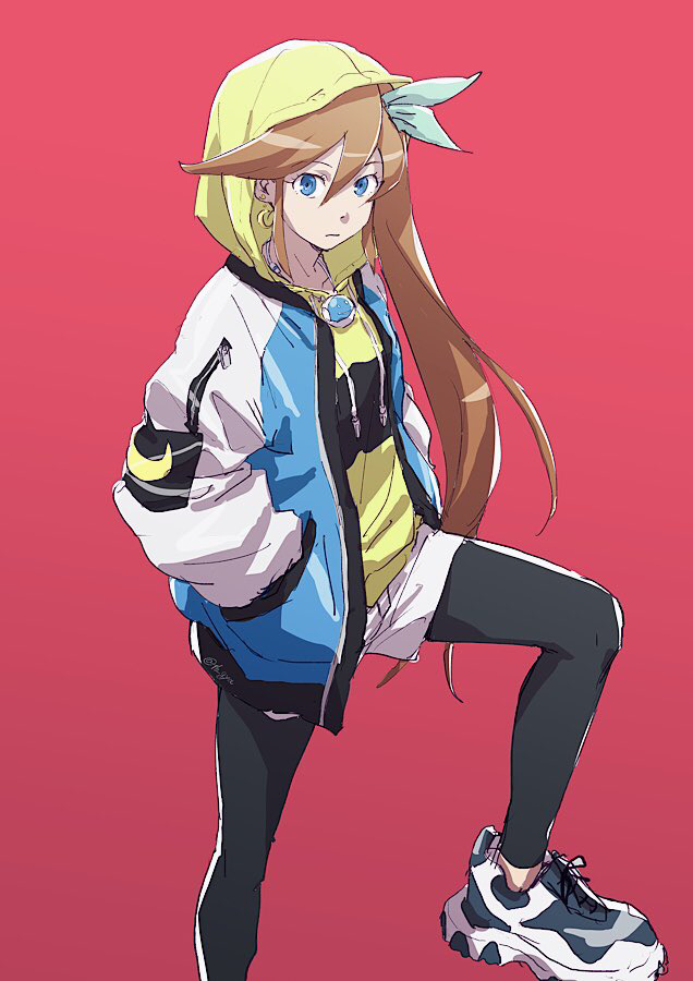 1girl ace_attorney alternate_costume athena_cykes black_leggings blue_eyes closed_mouth commentary_request crescent crescent_earrings earrings hair_ribbon hands_in_pockets hood hood_up hooded_jacket jacket jewelry leggings long_hair long_sleeves looking_at_viewer multicolored_jacket necklace open_clothes open_jacket orange_hair red_background ribbon shirt shoes shorts side_ponytail simple_background single_earring sneakers solo standing streetwear taba_(tb_gya) white_shorts yellow_shirt