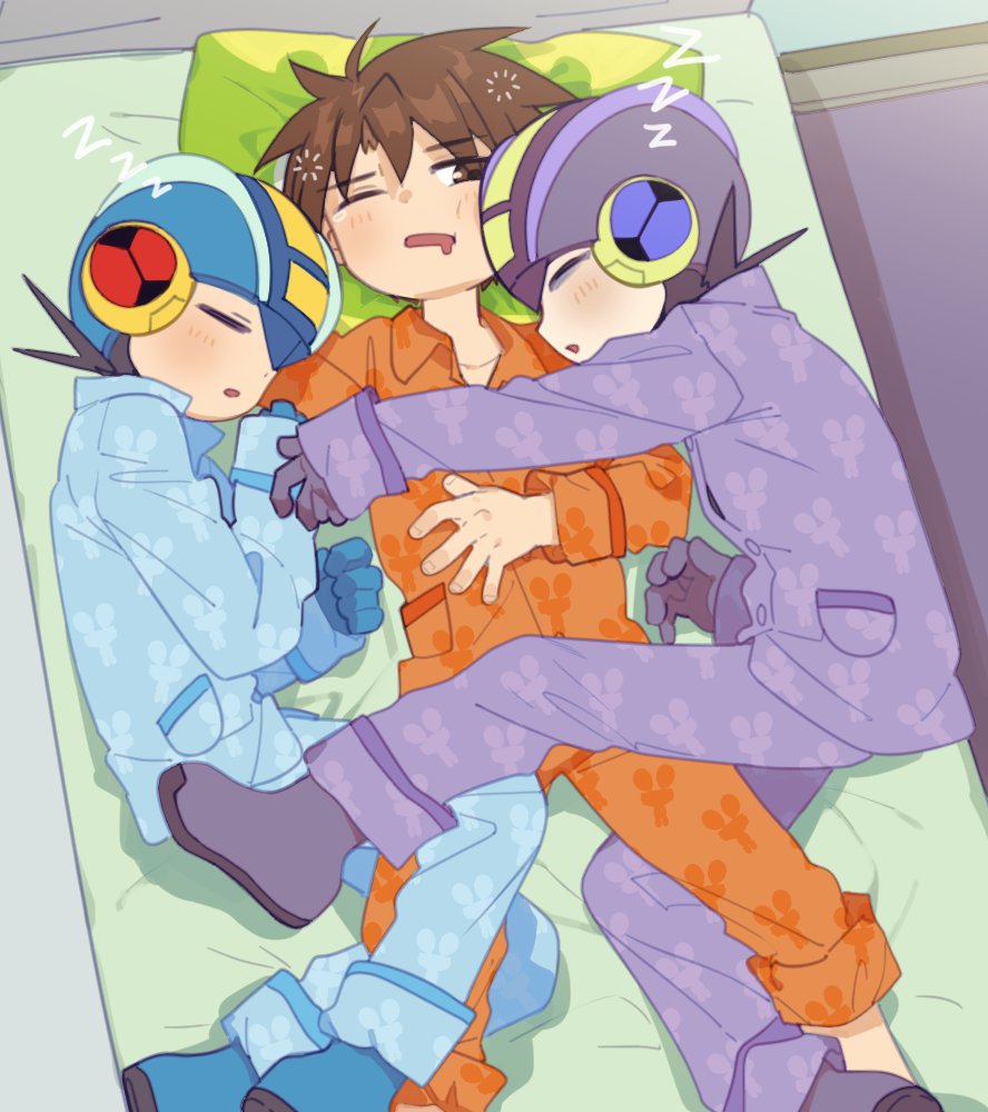 3boys blue_helmet blue_pajamas blue_pants blue_shirt brothers brown_eyes brown_hair closed_eyes dark_megaman.exe half-closed_eye helmet lan_hikari_(mega_man) lying male_focus mega_man_(series) mega_man_battle_network_(series) megaman.exe multiple_boys on_back on_bed one_eye_closed orange_pajamas orange_pants orange_shirt pajamas pants purple_helmet purple_pajamas purple_pants purple_shirt shirt siblings tango_dream