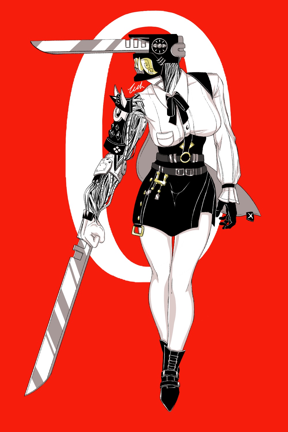 1girl armor black_footwear black_gloves black_skirt chainsaw chainsaw_man cosplay denji_(chainsaw_man) denji_(chainsaw_man)_(cosplay) dress_shirt full_body gloves high-waist_skirt high_heels highres pencil_skirt red_background shirt shoulder_armor signature simple_background skirt solo standing tsukishiro_yanagi wagon_(dwagon_sa) white_shirt zenless_zone_zero