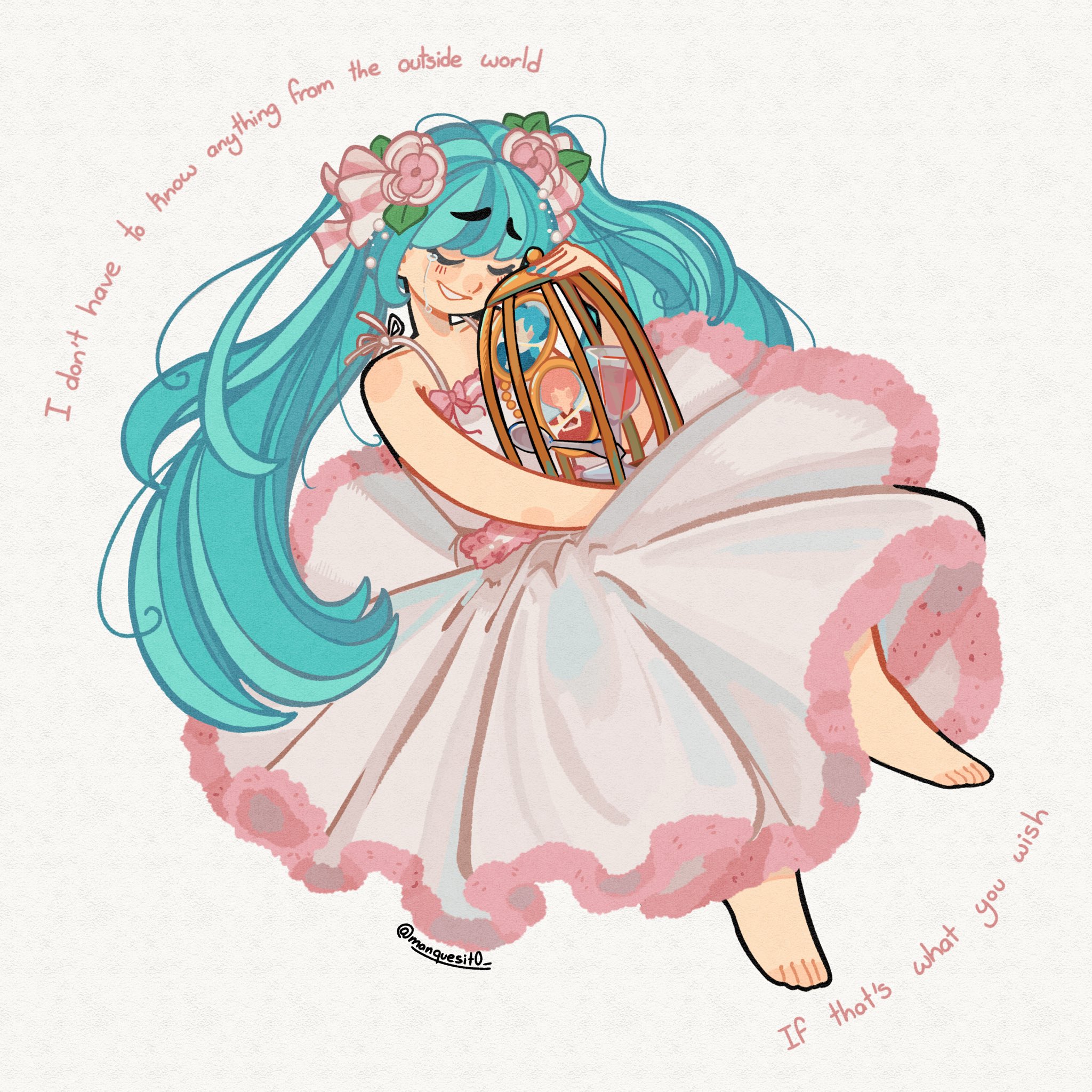 1girl aqua_eyes barefoot bow cage clockworker's_doll crying dress dress_bow evillious_nendaiki flower four_mirrors_of_lucifenia frilled_dress frills glass_of_conchita hair_flower hair_ornament hakoniwa_no_shoujo_(vocaloid) happy_tears highres holding holding_cage houtei_no_nushi hugging_object irina_clockworker long_hair lyrics manque marlon_spoon michelle_marlon pink_bow pink_dress pink_flower portrait smile solo spaghetti_strap streaming_tears tears twintails very_long_hair vessel_of_sin vocaloid