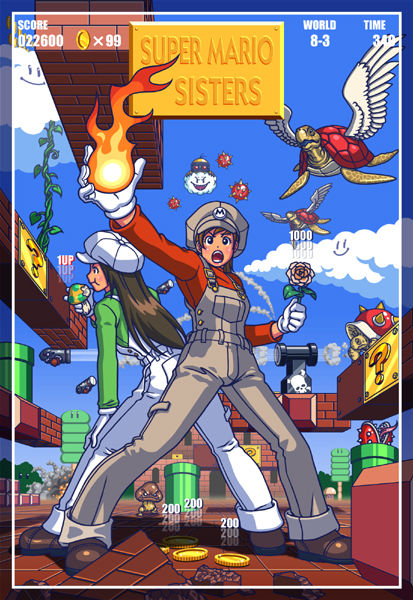 1-up_mushroom 1up 2girls ?_block artist_request back-to-back bill_blaster block_(object) border brick_block broken brown_hair bullet_bill castle cloud coin copyright_name day eating fire fire_flower fire_luigi fire_mario fireball flying genderswap genderswap_(mtf) gloves goggles goomba hat industrial_pipe koopa_paratroopa koopa_troopa lakitu long_hair luigi mario mario_(series) multiple_girls mushroom nintendo outdoors overalls piranha_plant plant power-up sharp_teeth shoes short_hair sky smile smoke spikes spiny spiny_egg super_mario_bros._1 suspenders teeth tongue tongue_out tree turtle vines warp_pipe wings